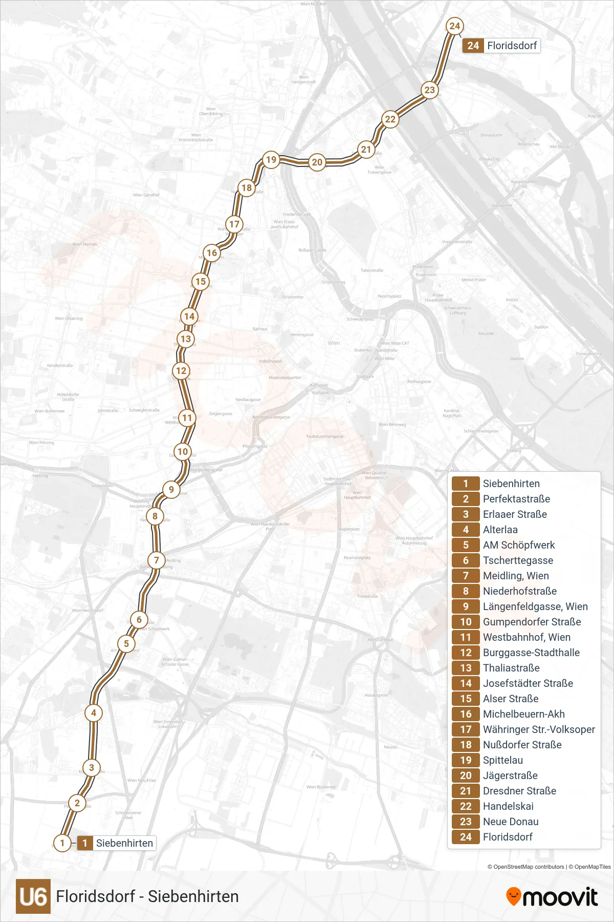 Linie U6 (U-Bahn) Richtung Floridsdorf: Route und Haltestellen auf der Karte