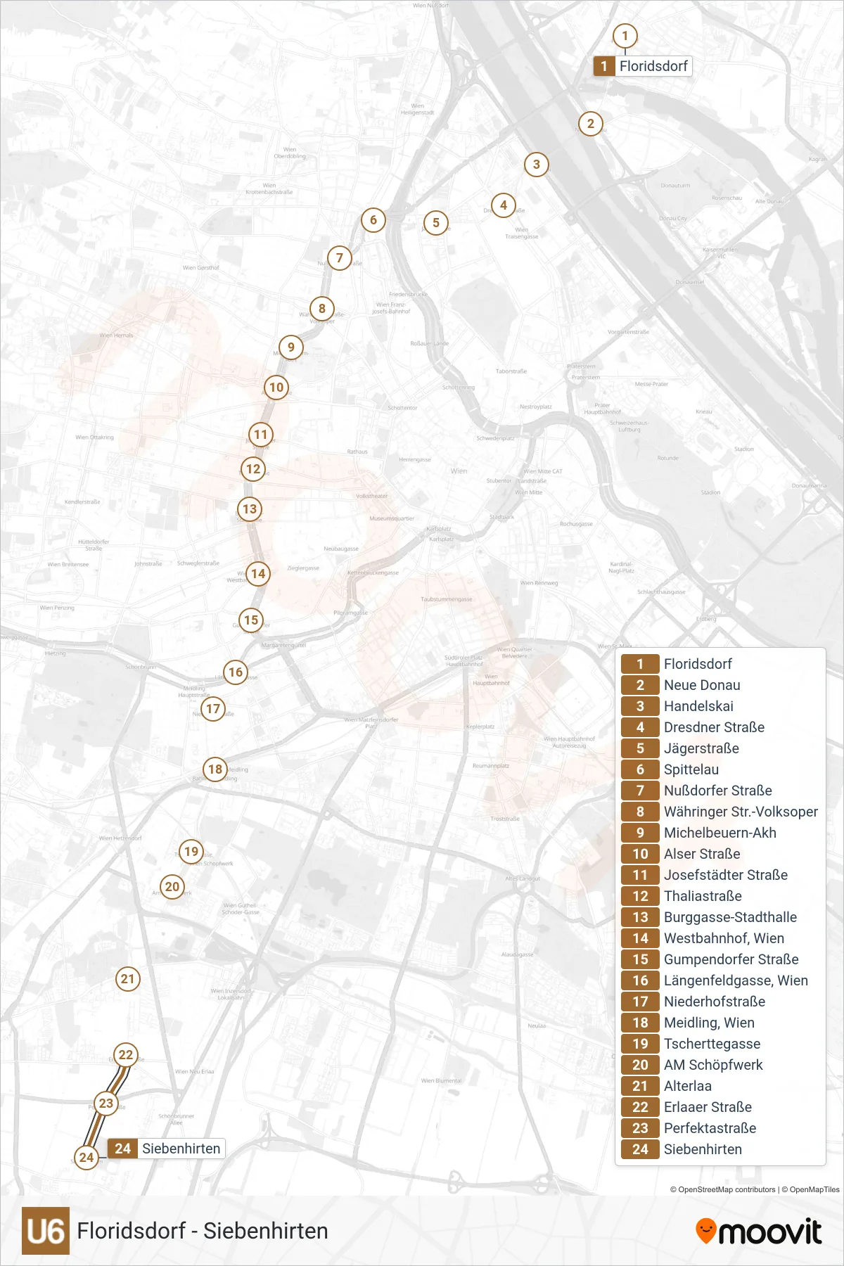 Linie U6 (U-Bahn) Richtung Siebenhirten: Route und Haltestellen auf der Karte