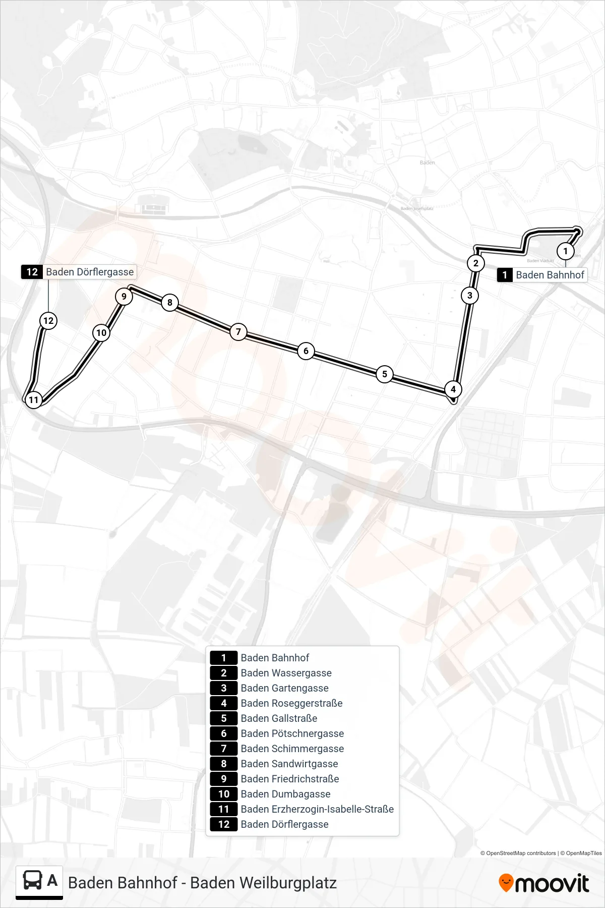 Linie A (Bus) Richtung Baden Dörflergasse: Route und Haltestellen auf der Karte