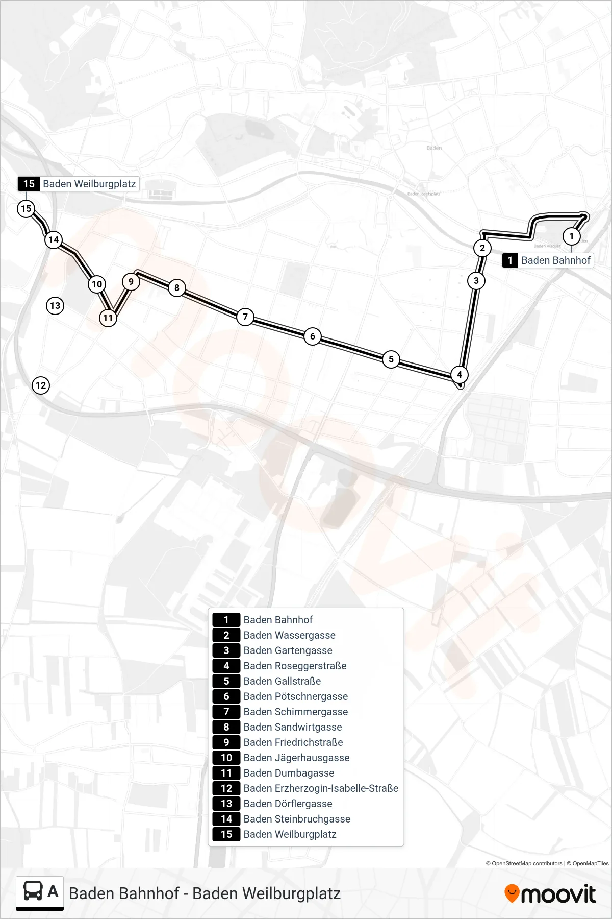 Linie A (Bus) Richtung Baden Weilburgplatz: Route und Haltestellen auf der Karte