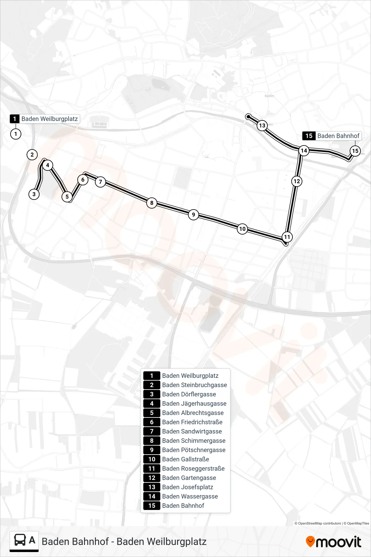 A bus Line (Baden Bahnhof) route and stops on a map