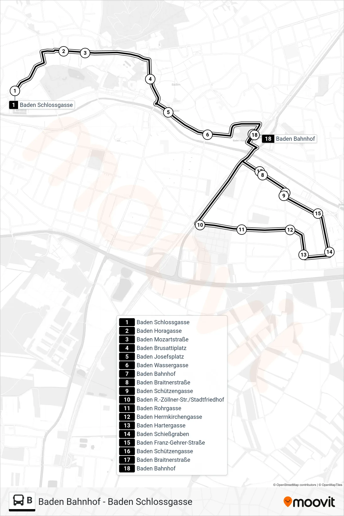 Linie B (Bus) Richtung Baden Bahnhof: Route und Haltestellen auf der Karte