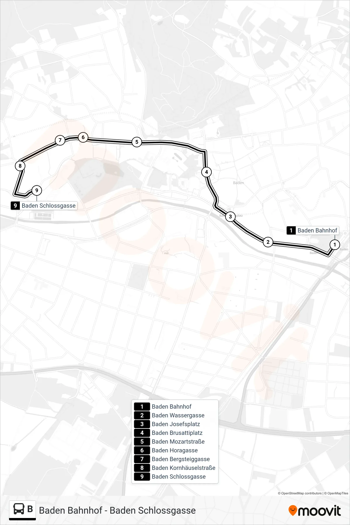 Linie B (Bus) Richtung Baden Schlossgasse: Route und Haltestellen auf der Karte