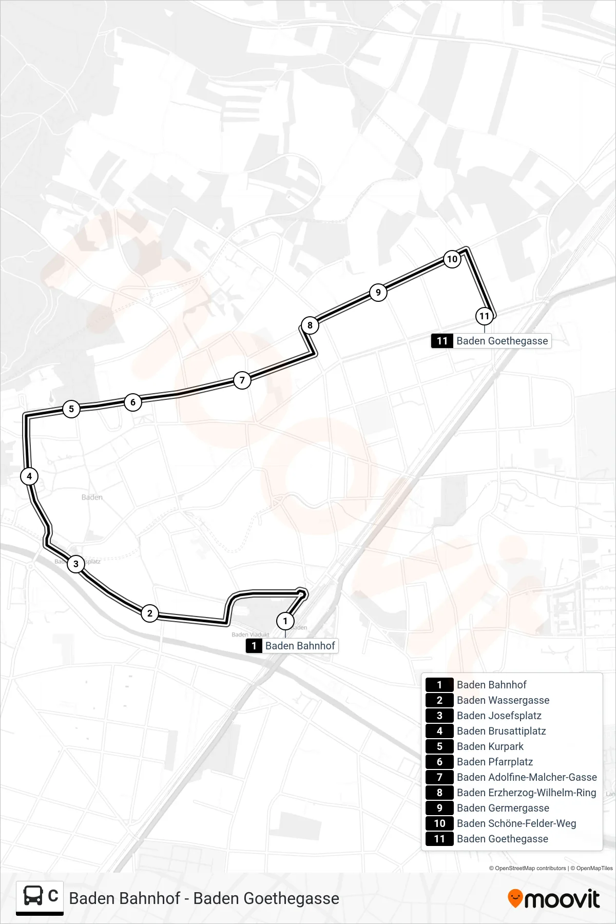 Linie C (Bus) Richtung Baden Goethegasse: Route und Haltestellen auf der Karte