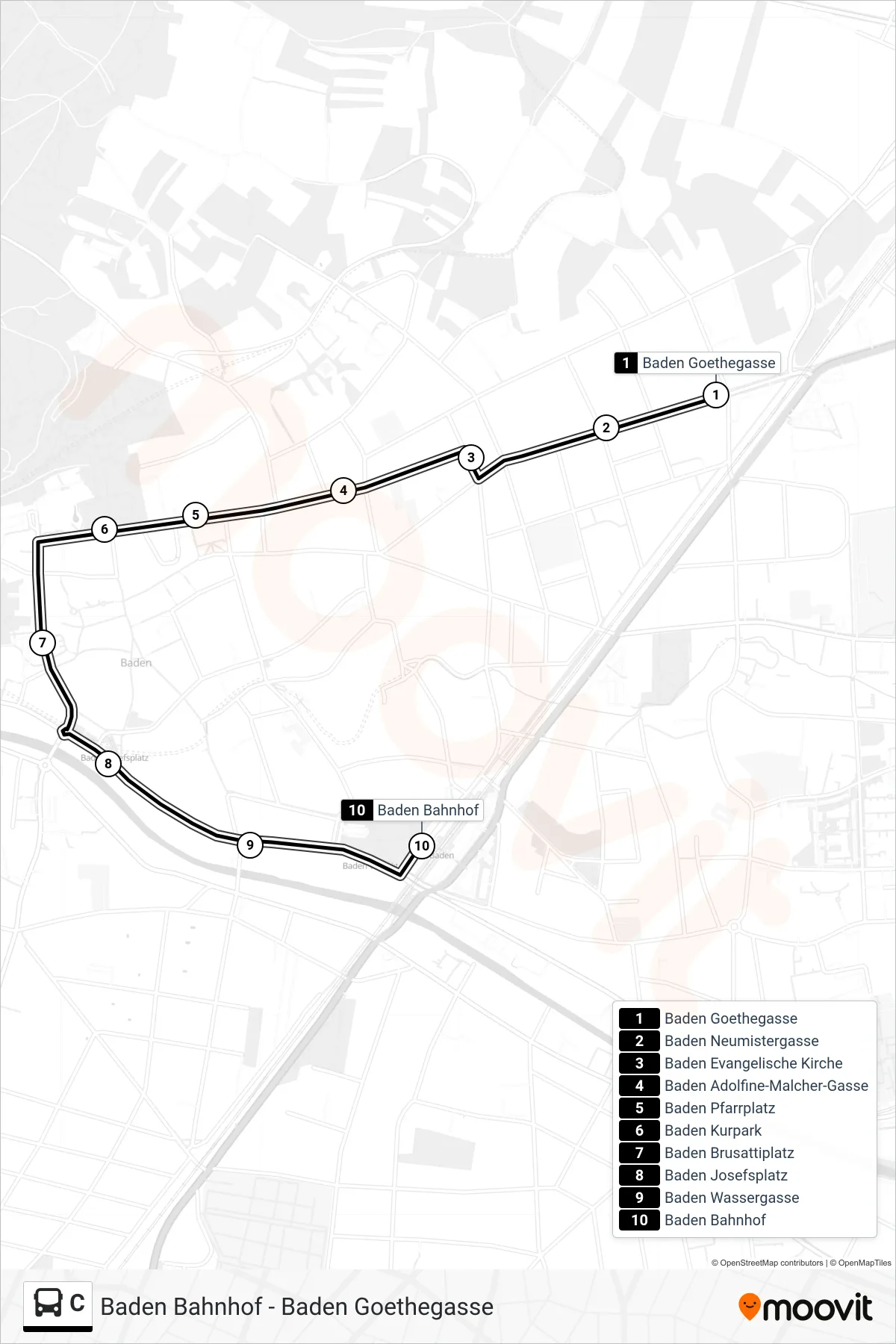 C bus Line (Baden Bahnhof) route and stops on a map