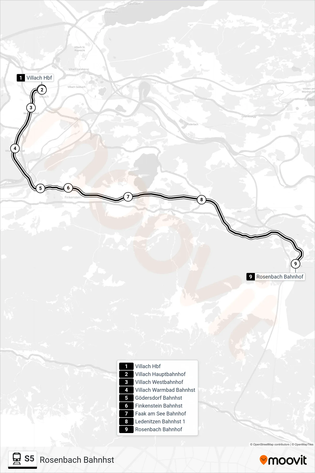 S5 train Line (Rosenbach Bahnhst) route and stops on a map