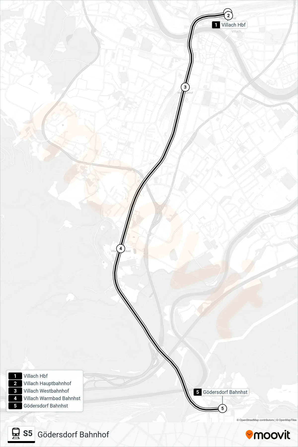 S5 rail Line (Gödersdorf Bahnhof) route and stops on a map
