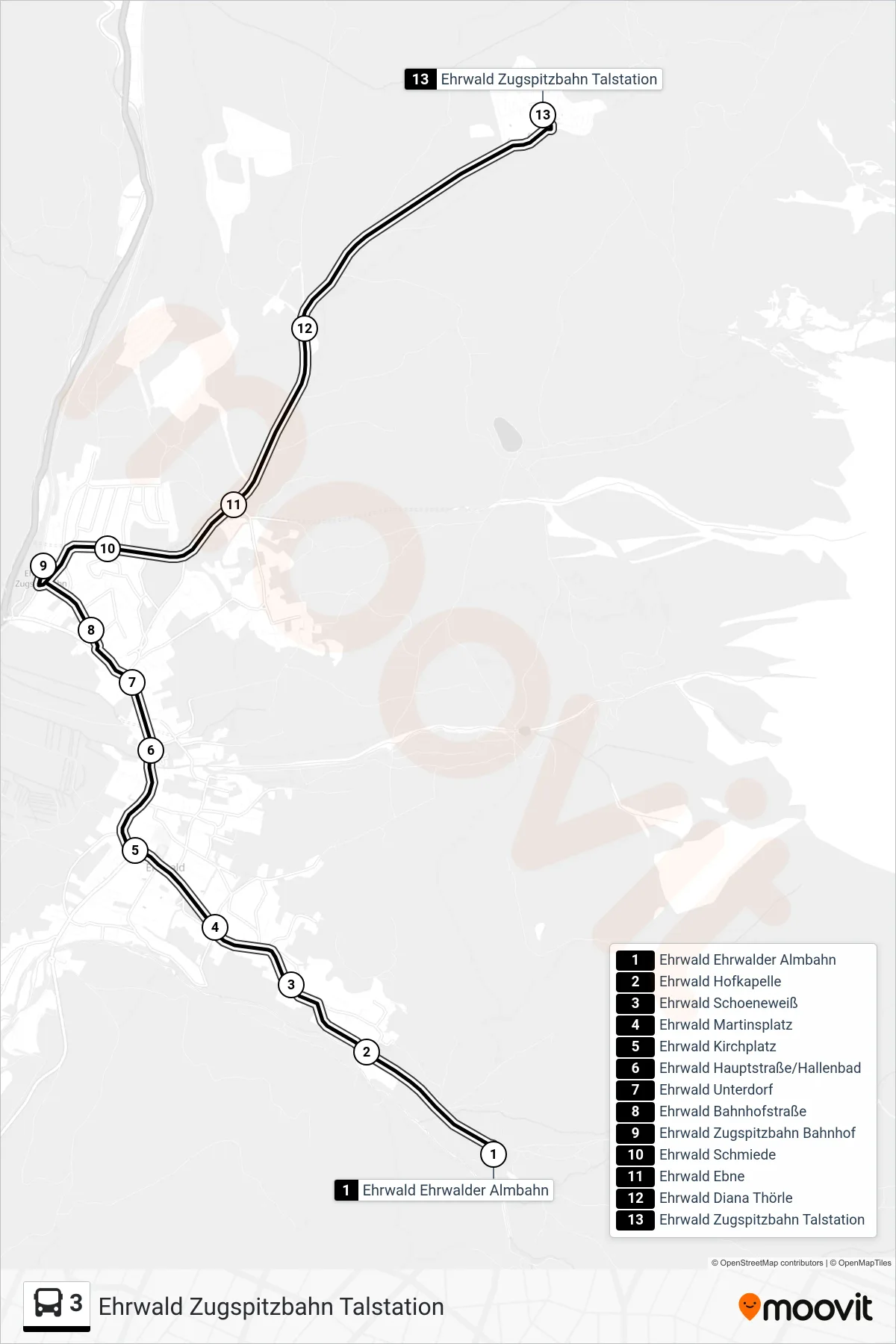 Linie 3 (Bus) Richtung Ehrwald Zugspitzbahn Talstation: Route und Haltestellen auf der Karte