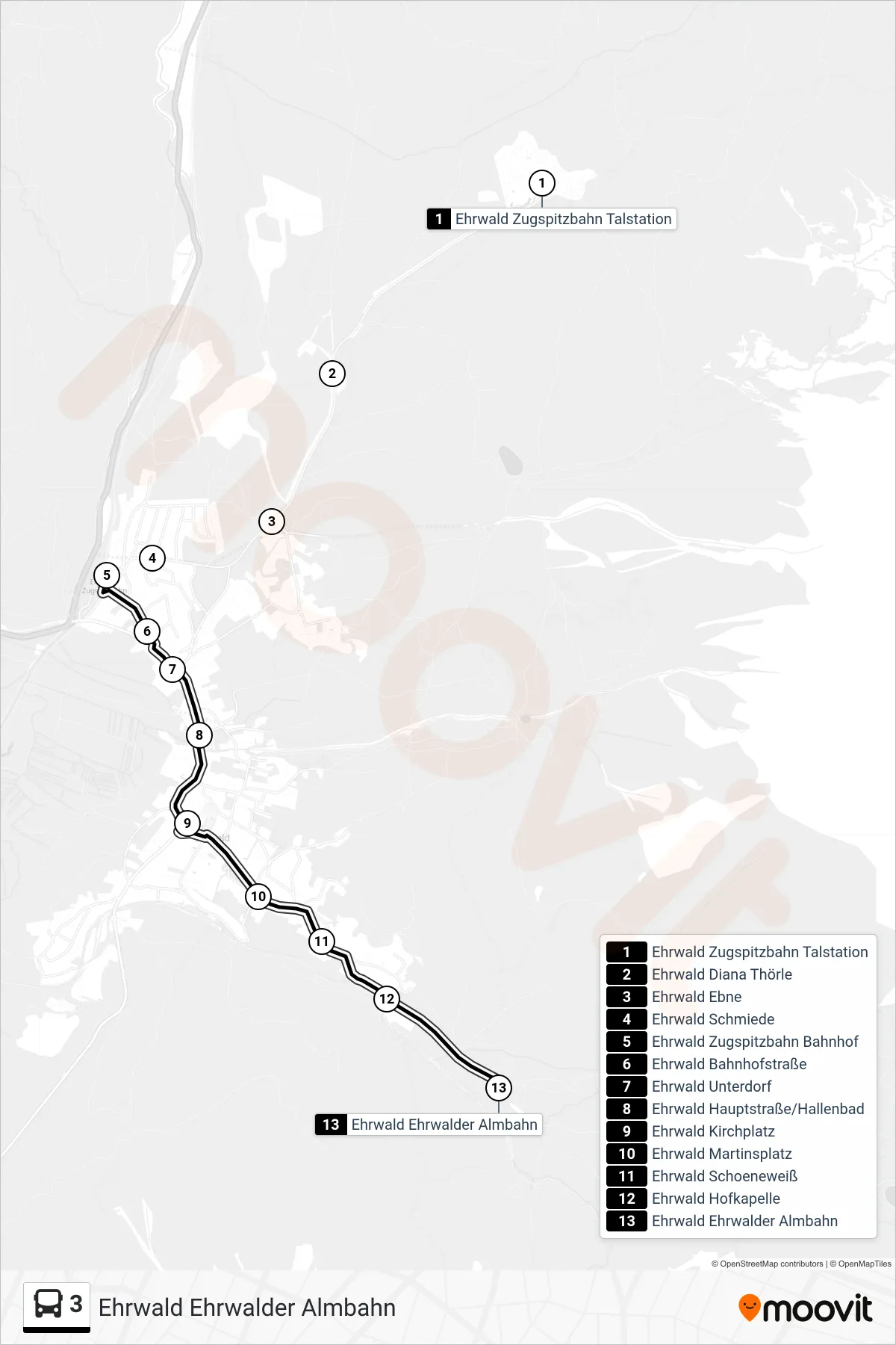 3 bus Line (Ehrwald Ehrwalder Almbahn) route and stops on a map