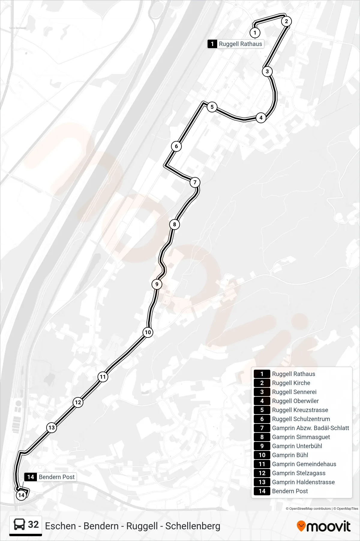 32 bus Line (Bendern Post) route and stops on a map