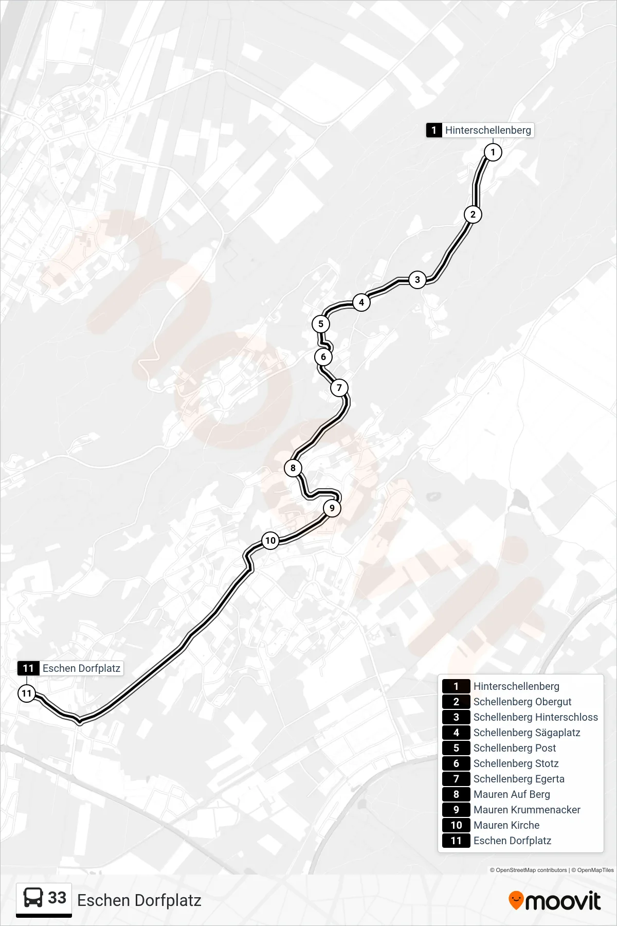 33 bus Line (Eschen Dorfplatz) route and stops on a map
