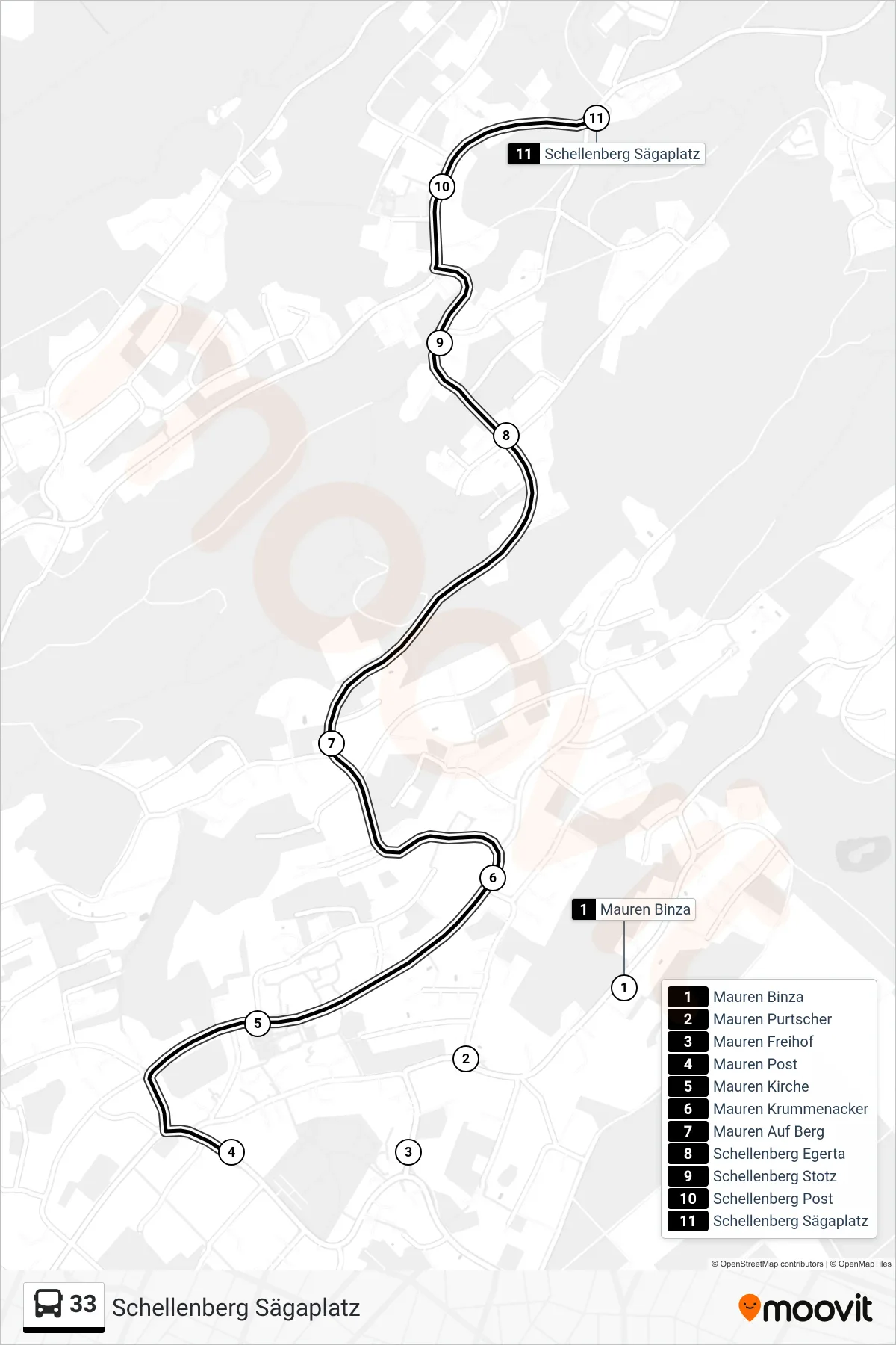 Linie 33 (Bus) Richtung Schellenberg Sägaplatz: Route und Haltestellen auf der Karte