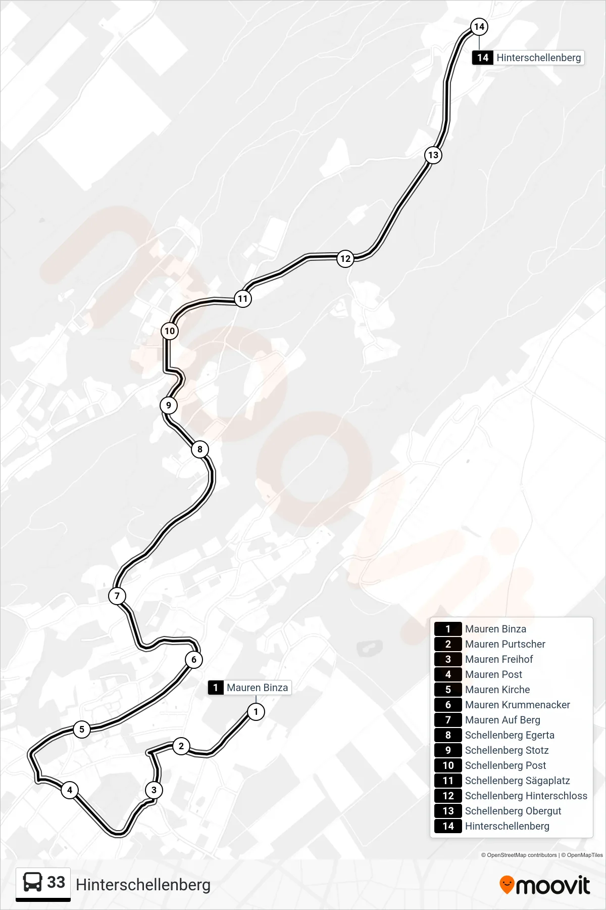 33 bus Line (Hinterschellenberg) route and stops on a map