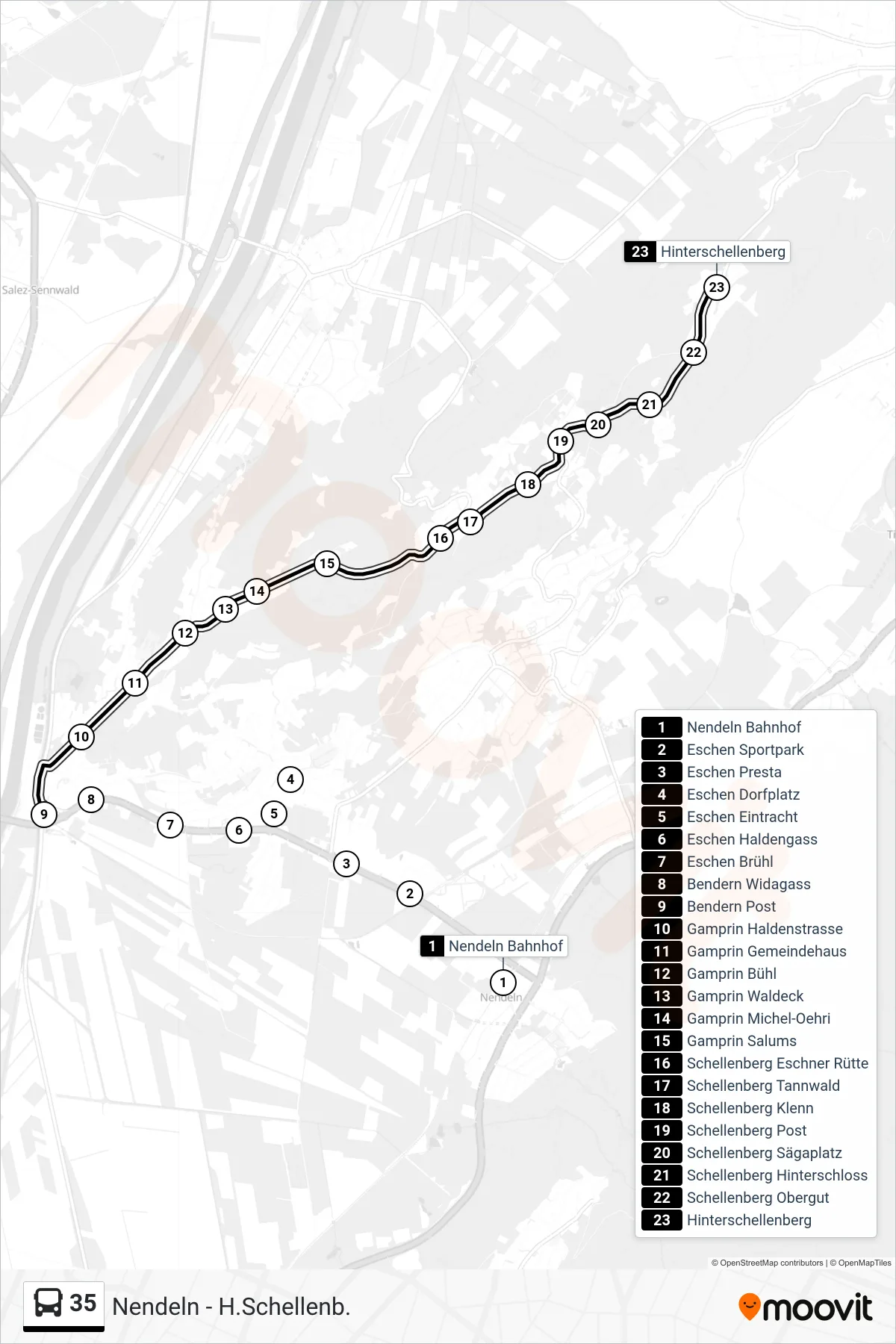Linie 35 (Bus) Richtung Hinterschellenberg: Route und Haltestellen auf der Karte