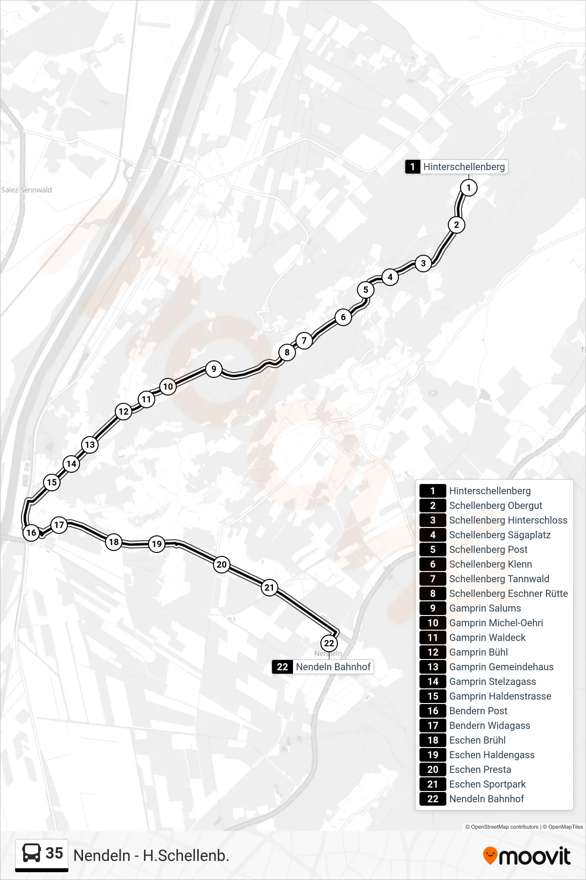 35 bus Line (Nendeln Bahnhof) route and stops on a map