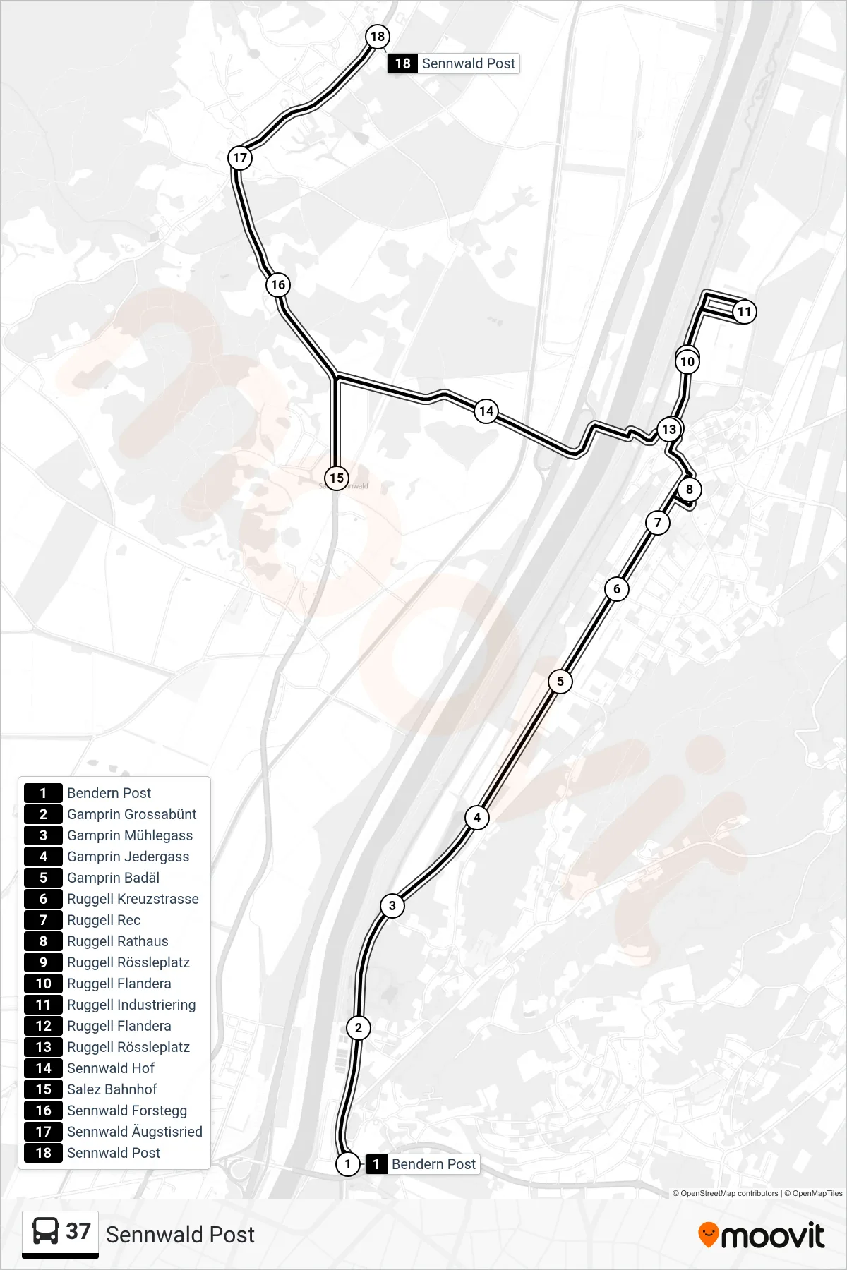 Linie 37 (Bus) Richtung Sennwald Post: Route und Haltestellen auf der Karte