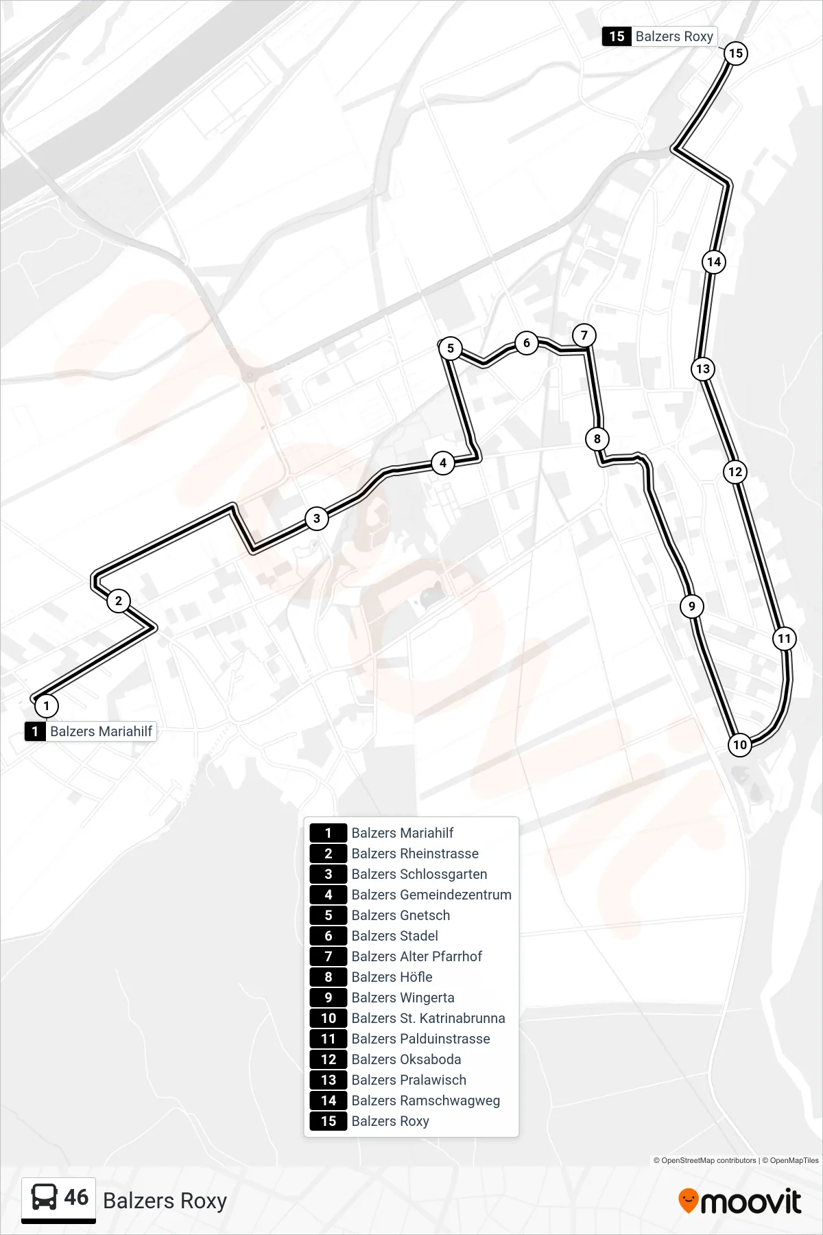 46 bus Line (Balzers Roxy) route and stops on a map