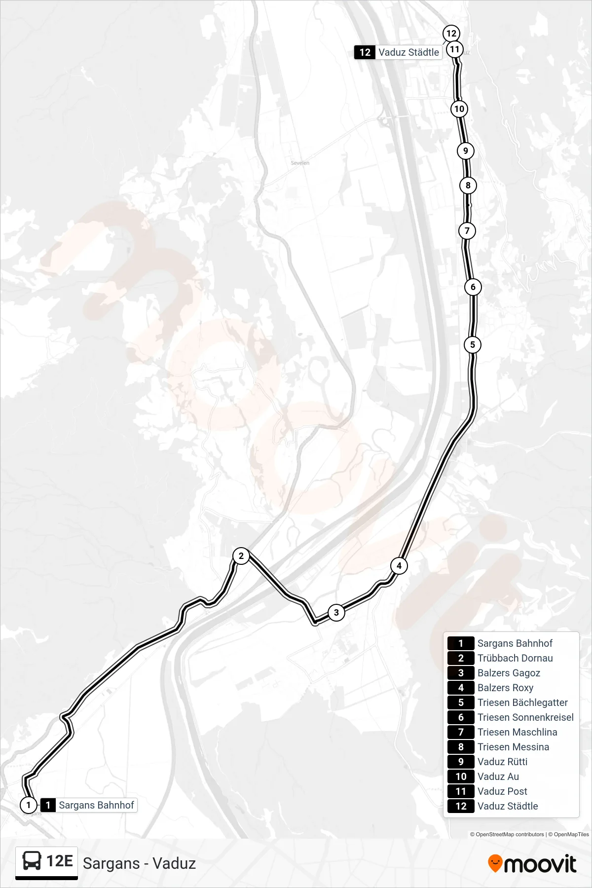 Linie 12E (Bus) Richtung Vaduz Städtle: Route und Haltestellen auf der Karte