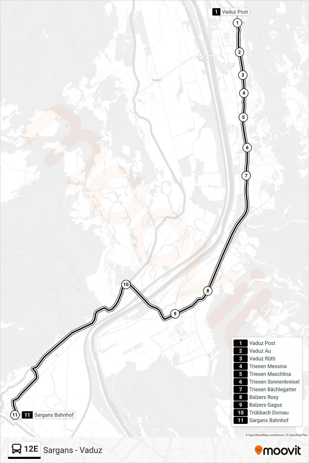 Linie 12E (Bus) Richtung Sargans Bahnhof: Route und Haltestellen auf der Karte
