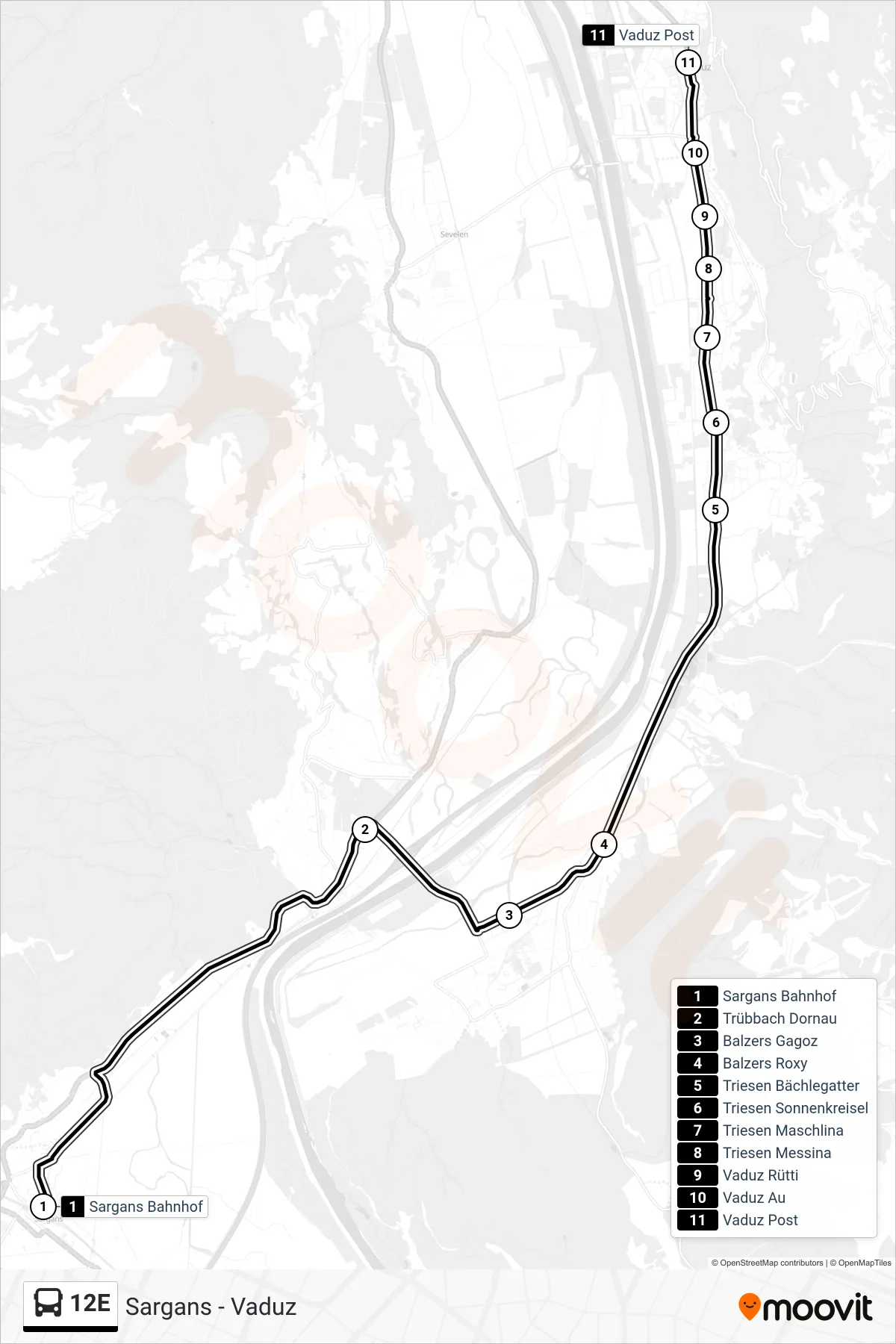 Linie 12E (Bus) Richtung Vaduz Post: Route und Haltestellen auf der Karte