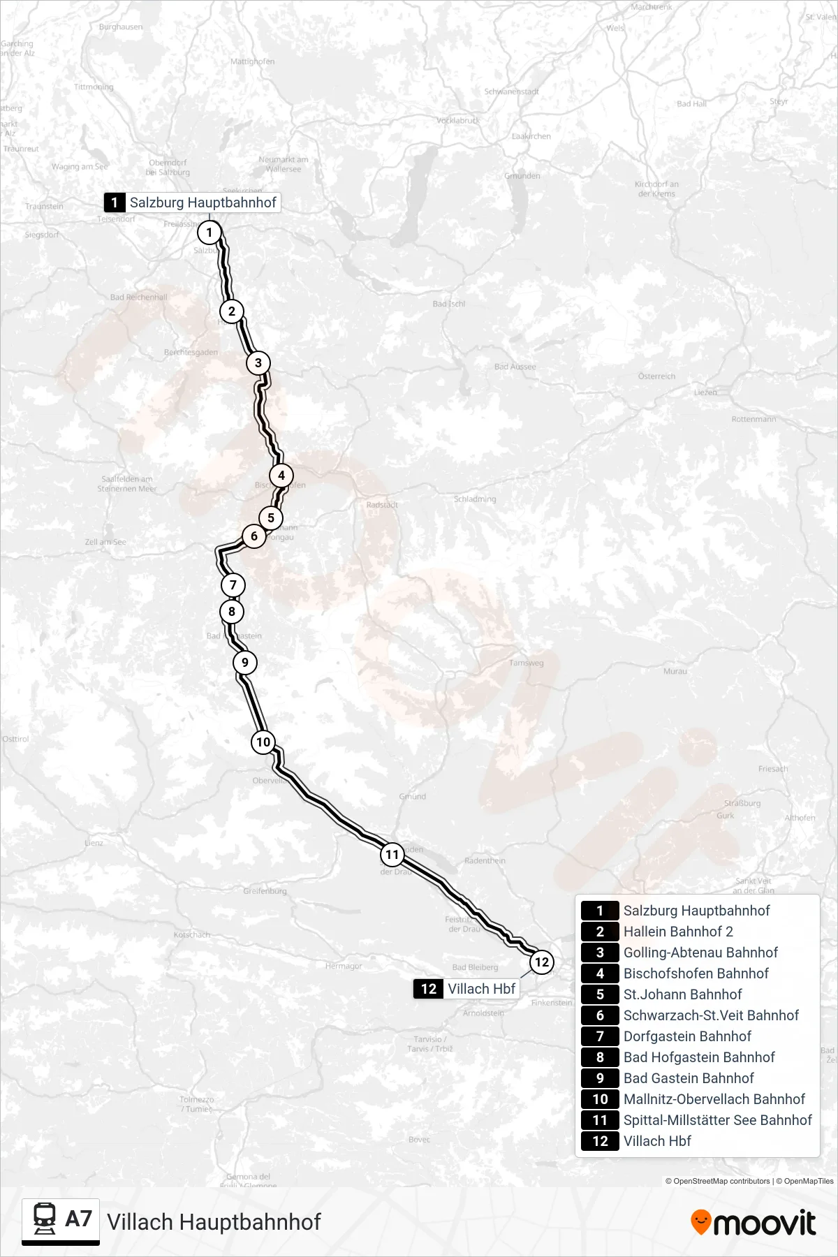 A7 train Line (Villach Hauptbahnhof) route and stops on a map