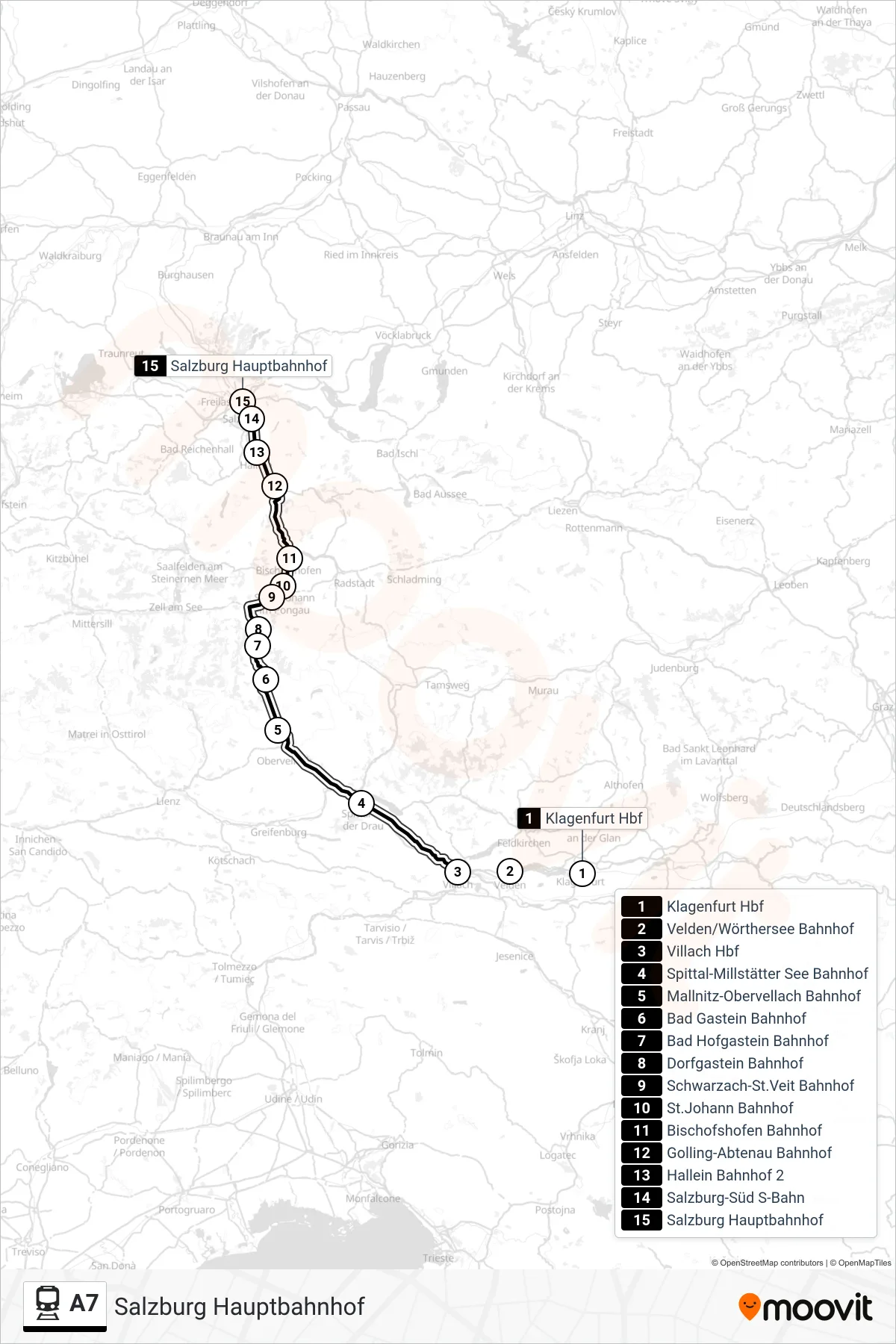 Linie A7 (Bahn) Richtung Salzburg Hauptbahnhof: Route und Haltestellen auf der Karte