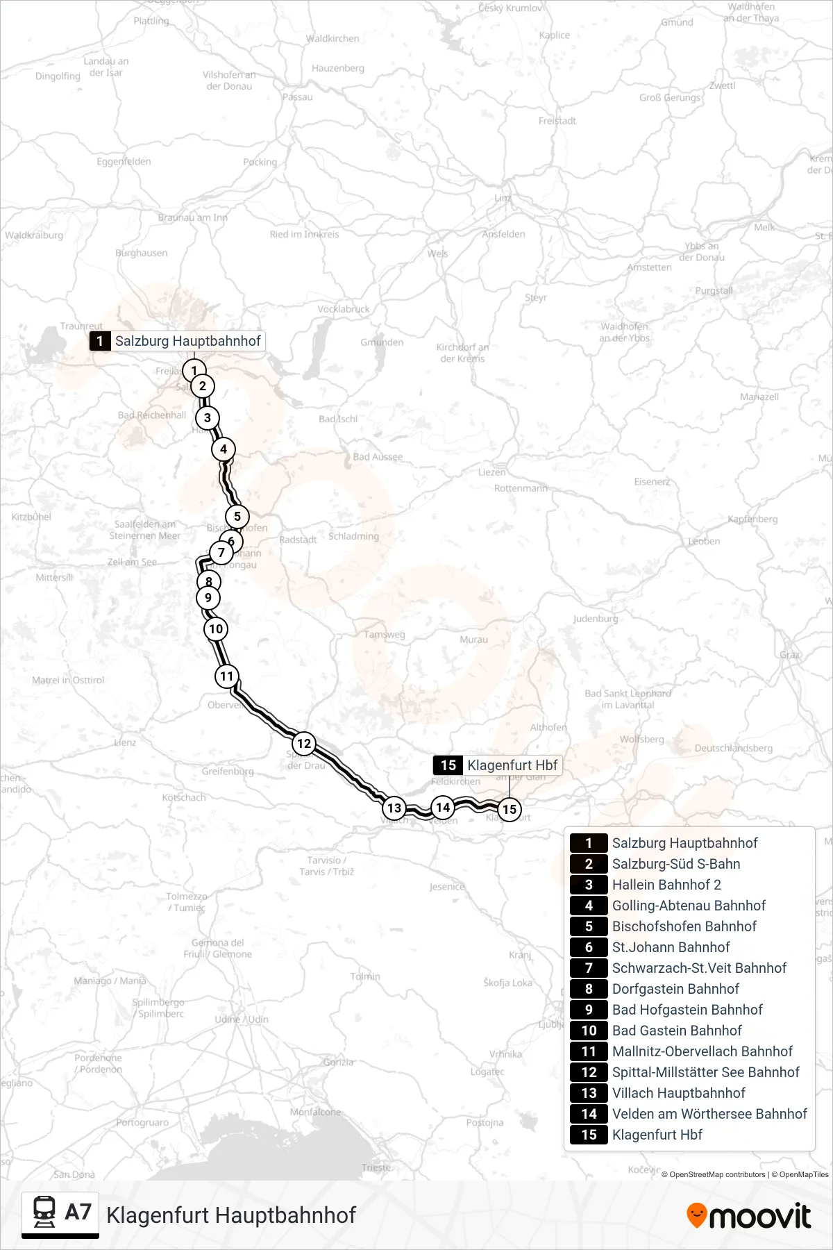 A7 train Line (Klagenfurt Hauptbahnhof) route and stops on a map