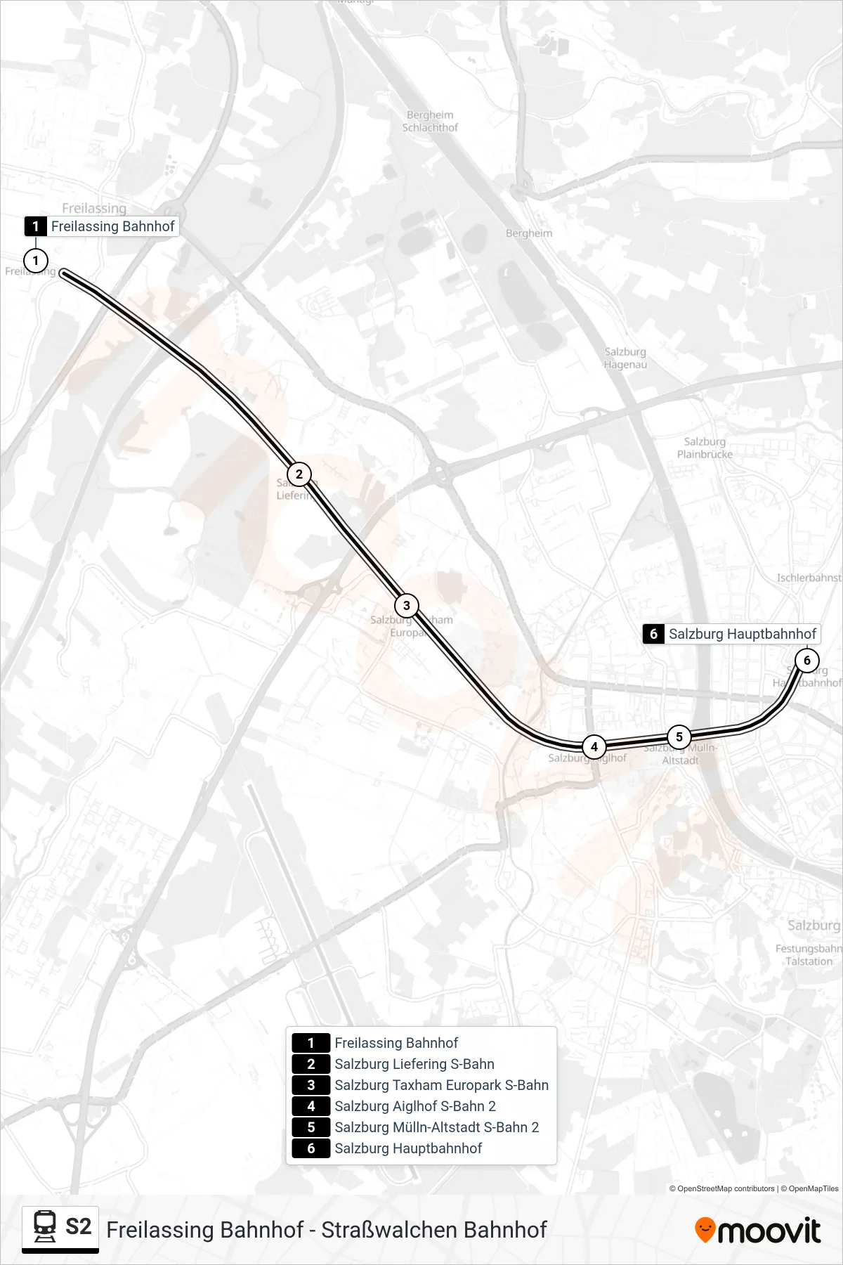 S2 train Line (Salzburg Hauptbahnhof) route and stops on a map