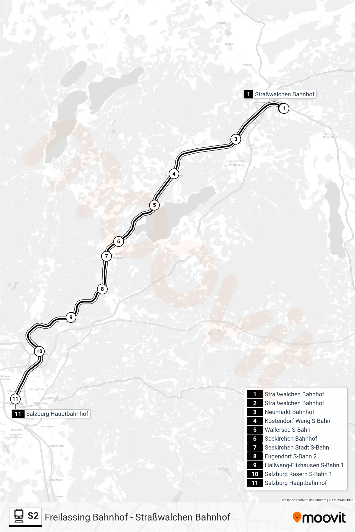 S2 train Line (Salzburg Hauptbahnhof) route and stops on a map
