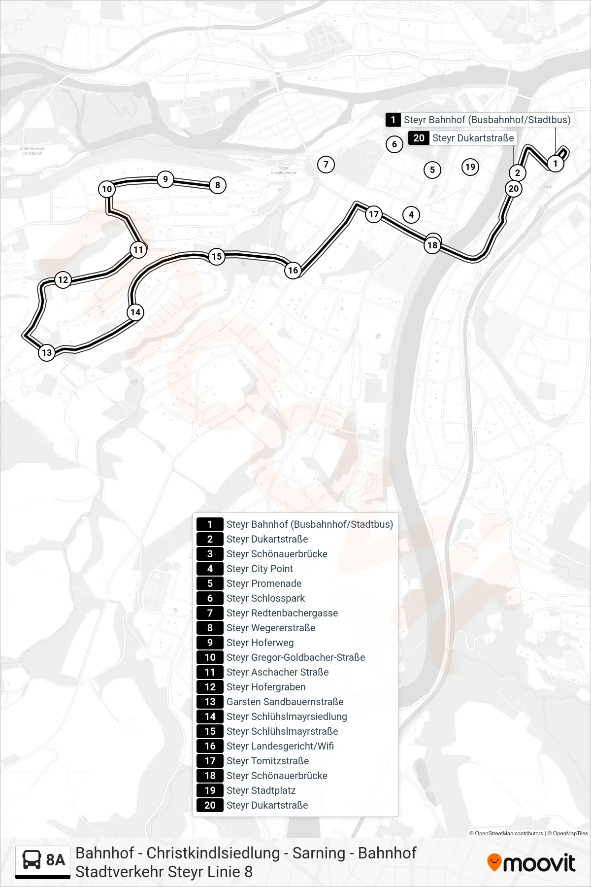 Linie 8A (Bus) Richtung Steyr Bahnhof (Busbahnhof/Stadtbus): Route und Haltestellen auf der Karte