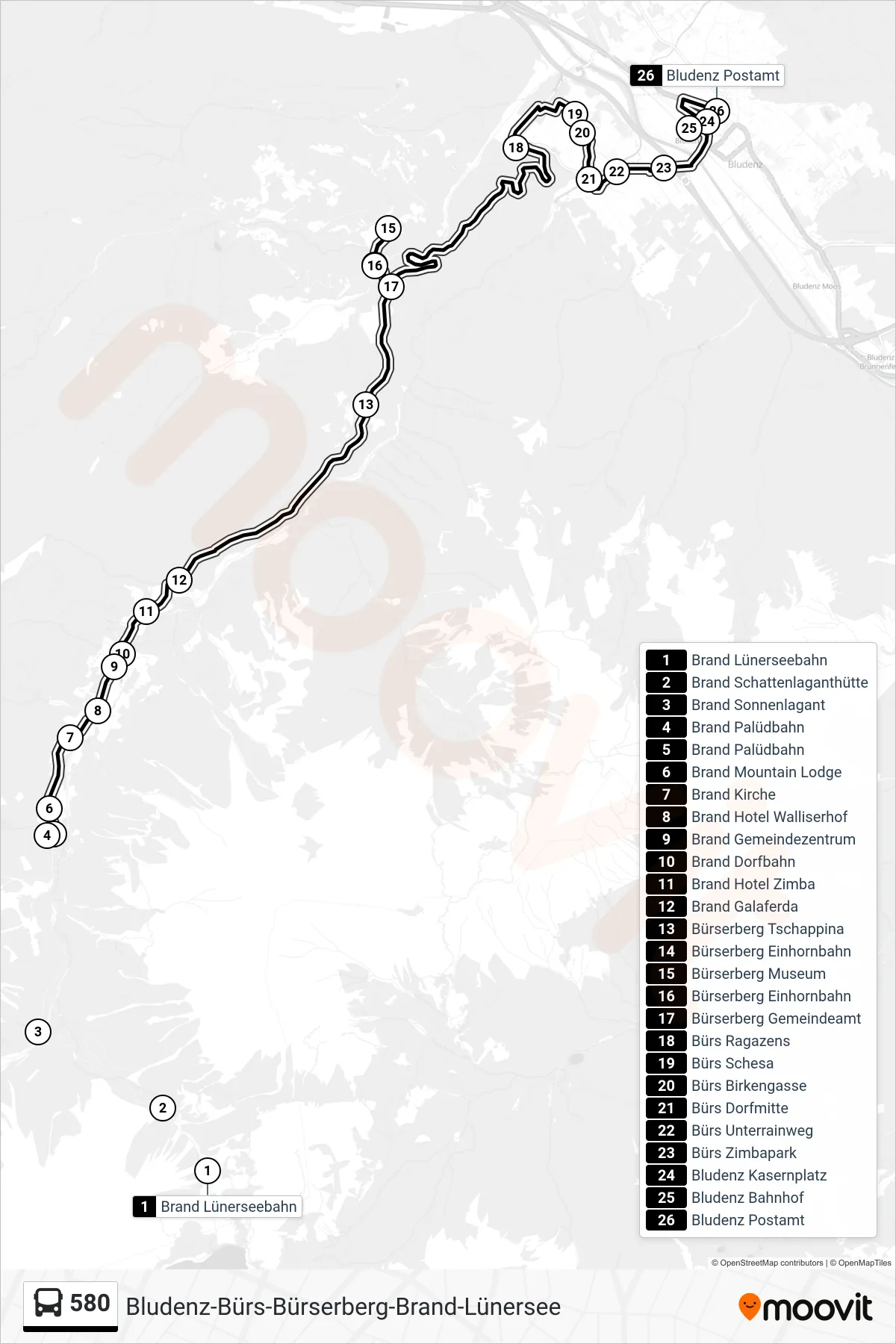 Linie 580 (Bus) Richtung Bludenz Postamt: Route und Haltestellen auf der Karte