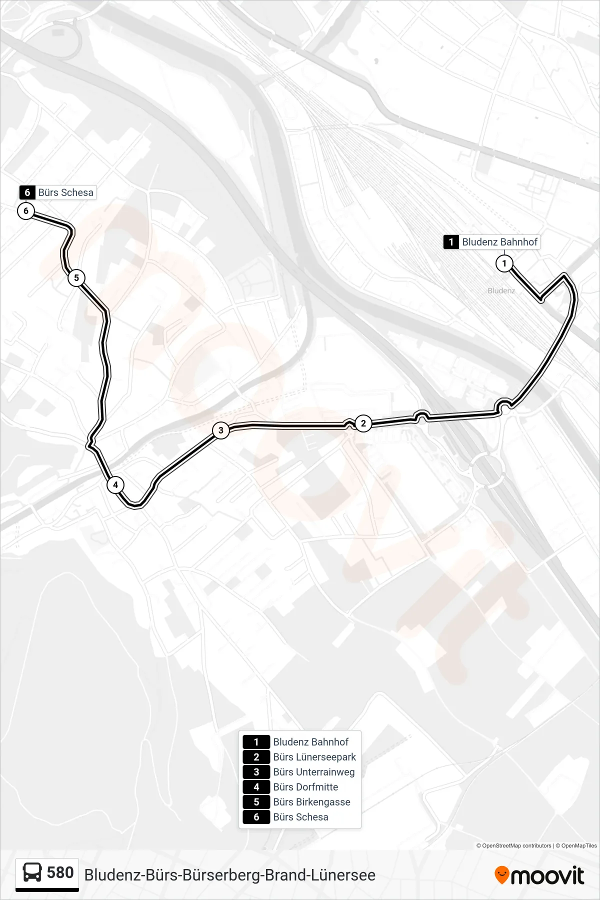 580 bus Line (Bürs Schesa) route and stops on a map