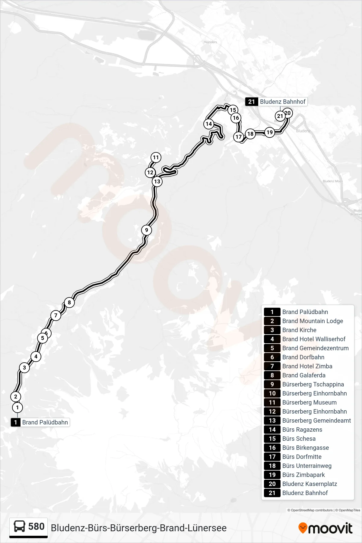 580 bus Line (Bludenz Bahnhof) route and stops on a map