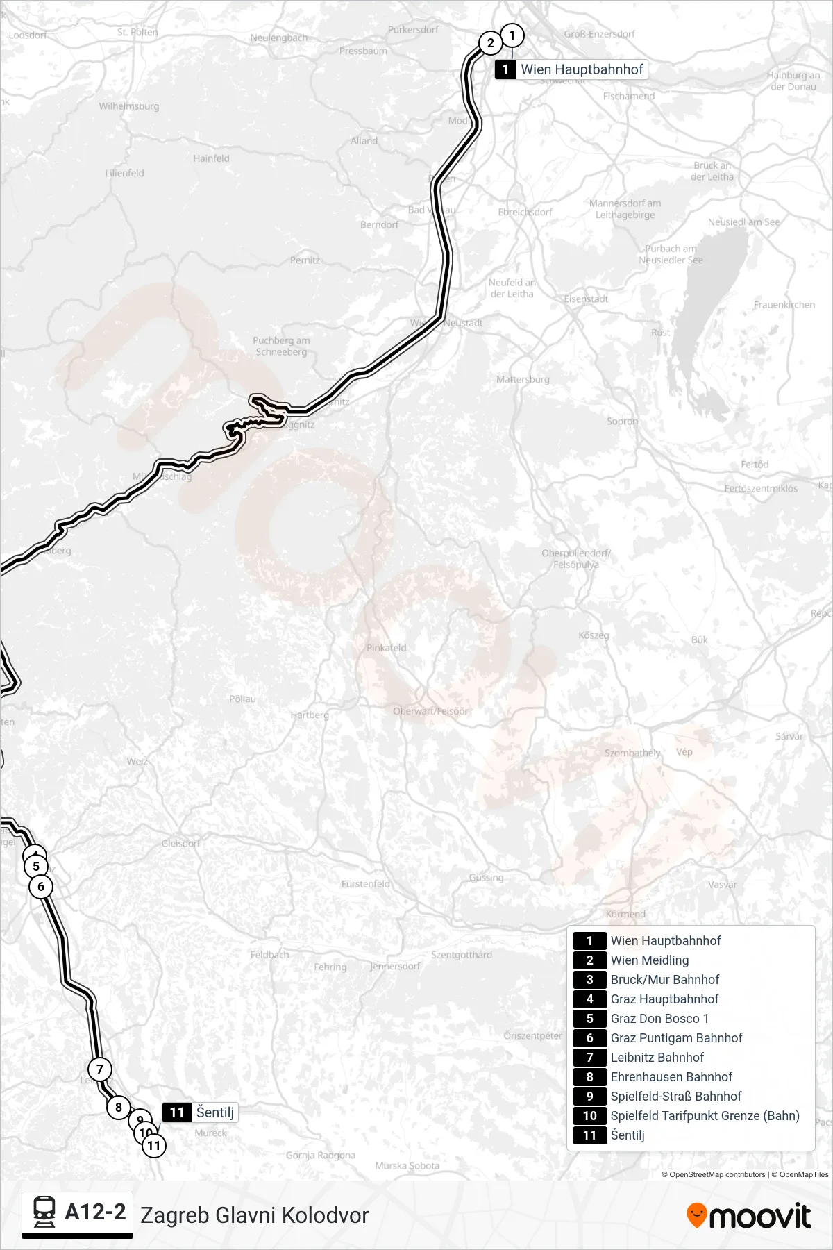 A12-2 rail Line (Zagreb Glavni Kolodvor) route and stops on a map