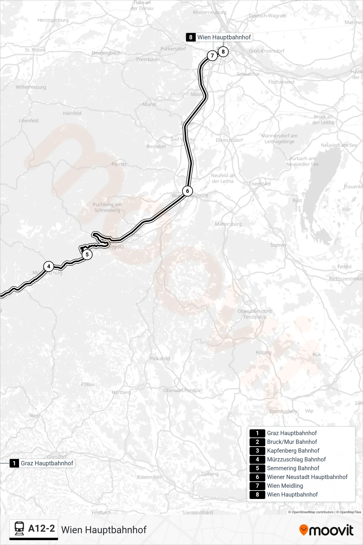 A12-2 train Line (Wien Hauptbahnhof) route and stops on a map