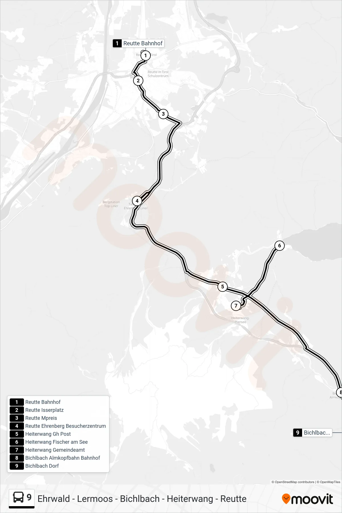 Linie 9 (Bus) Richtung Bichlbach Dorf: Route und Haltestellen auf der Karte
