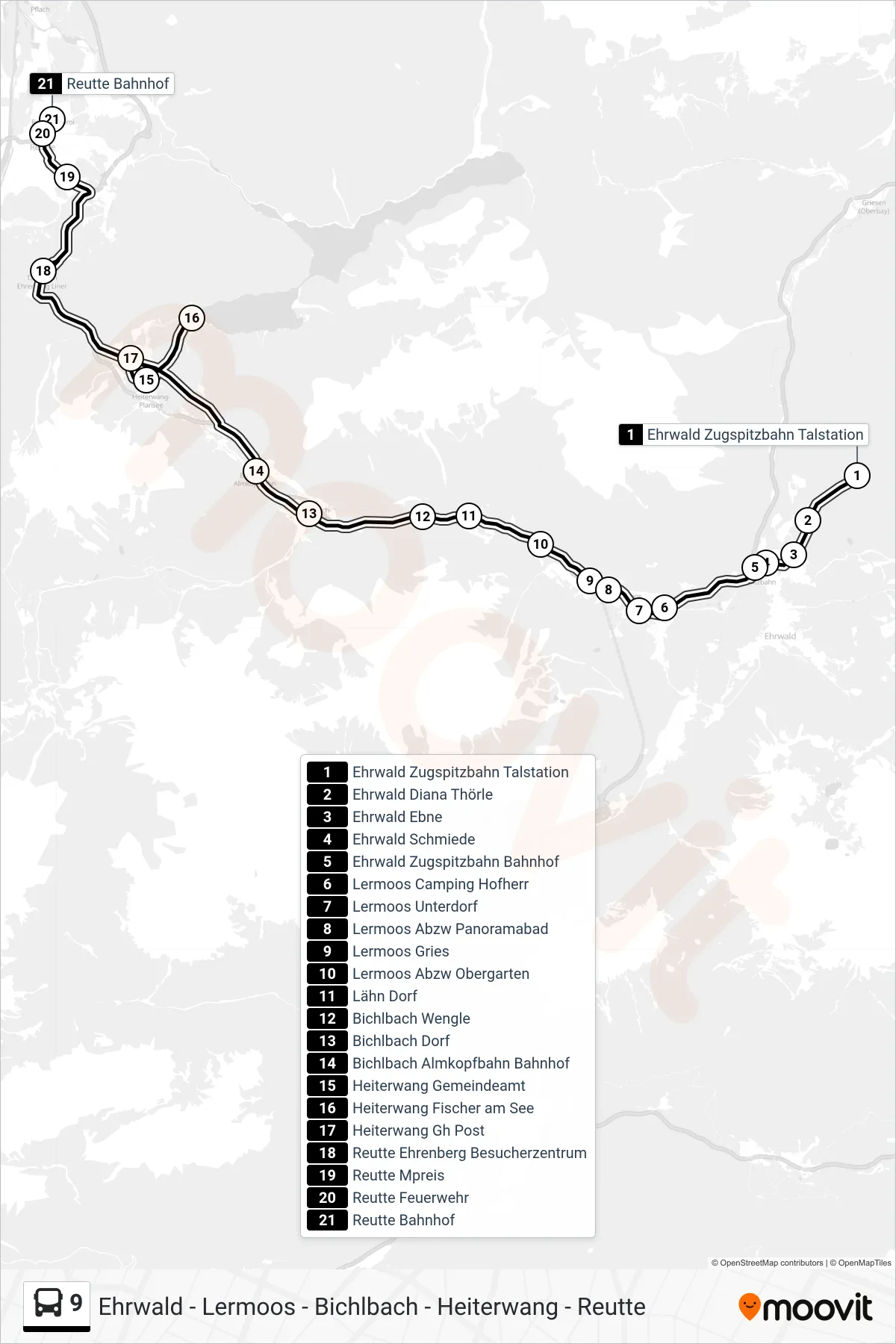 9 bus Line (Reutte Bahnhof) route and stops on a map