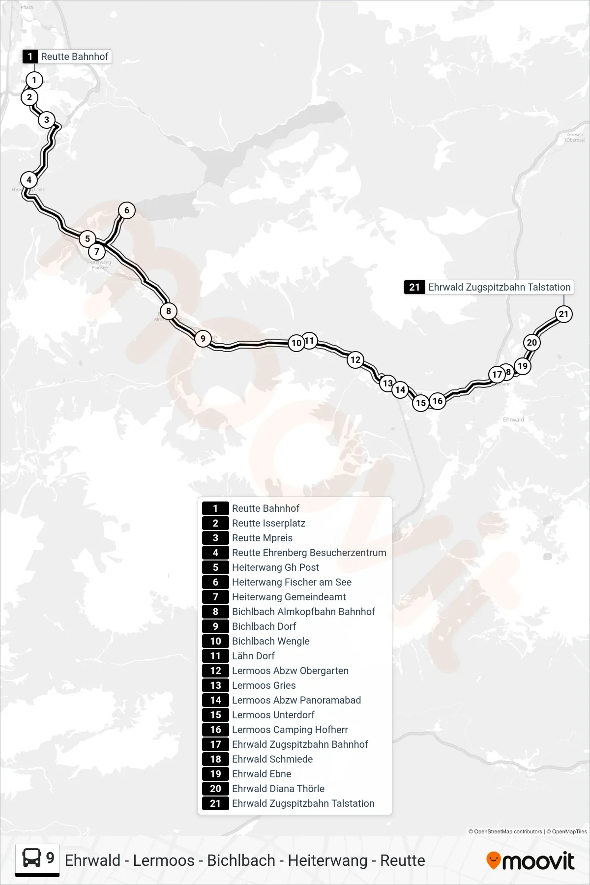 9 bus Line (Ehrwald Zugspitzbahn Talstation) route and stops on a map