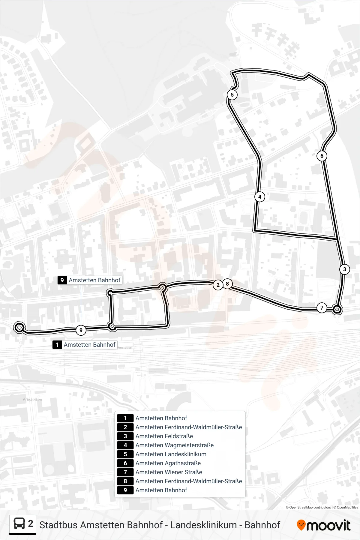 Linie 2 (Bus) Richtung Amstetten Bahnhof: Route und Haltestellen auf der Karte