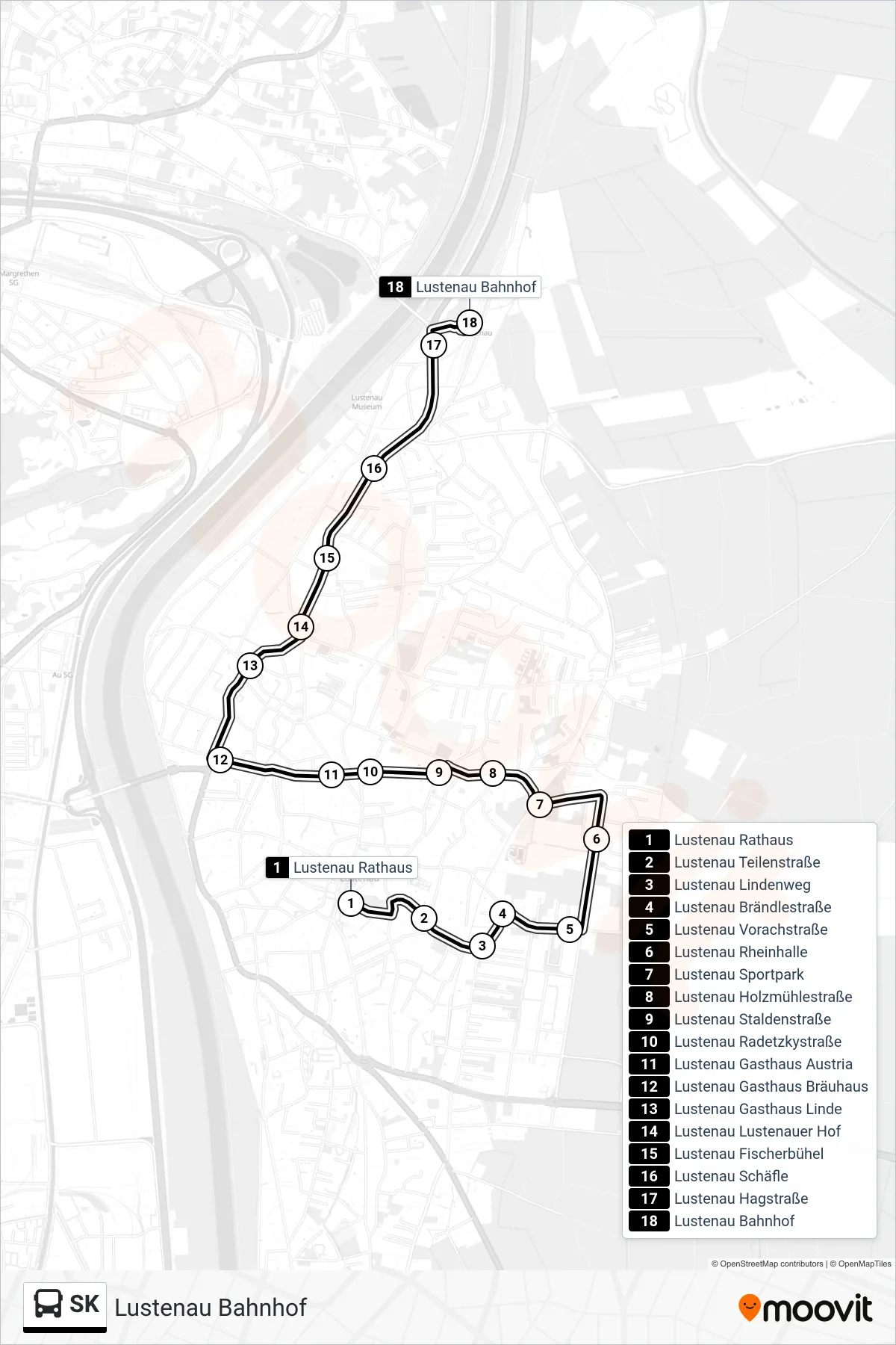 Linie SK (Bus) Richtung Lustenau Bahnhof: Route und Haltestellen auf der Karte