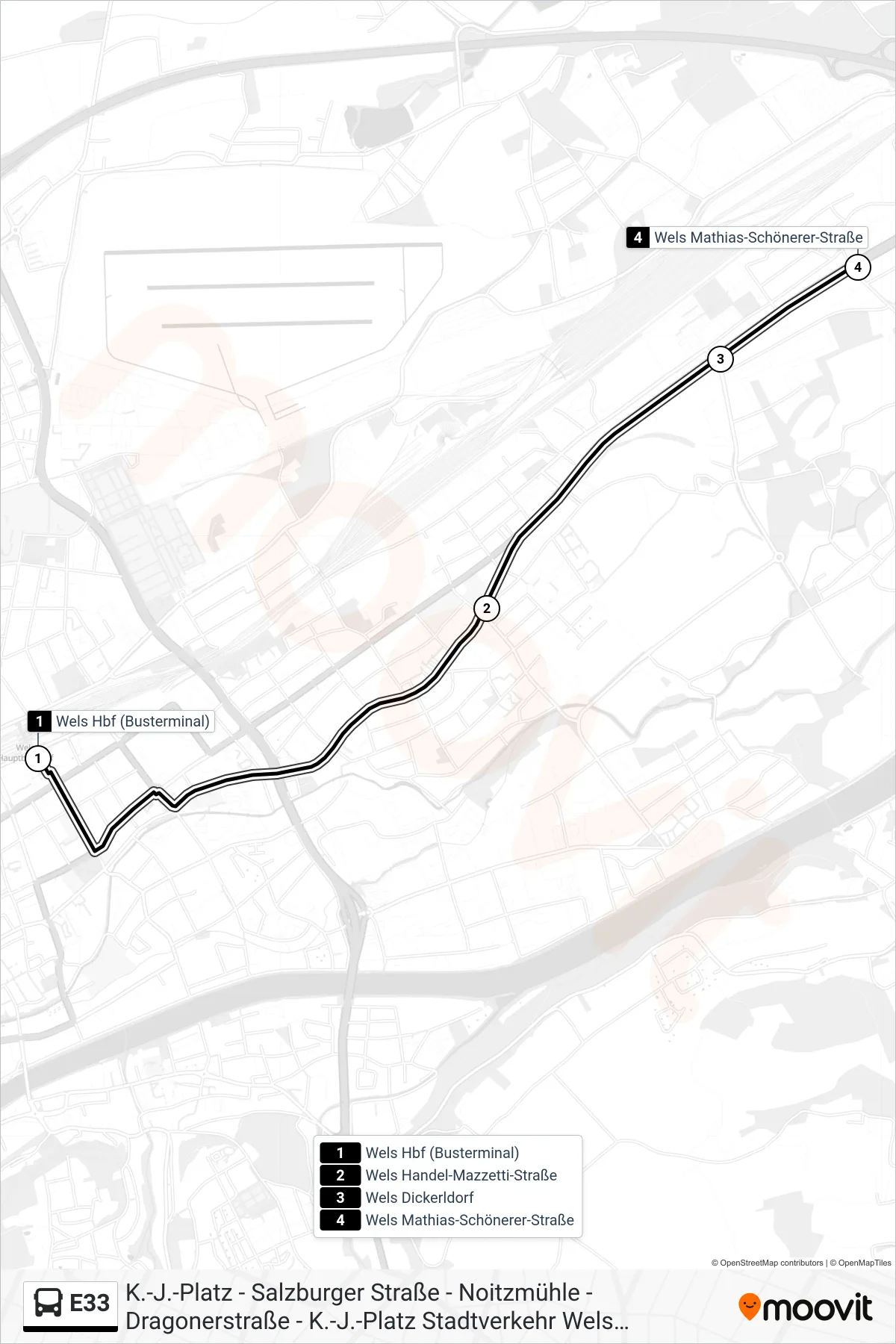 Linie E33 (Bus) Richtung Wels Mathias-Schönerer-Straße: Route und Haltestellen auf der Karte
