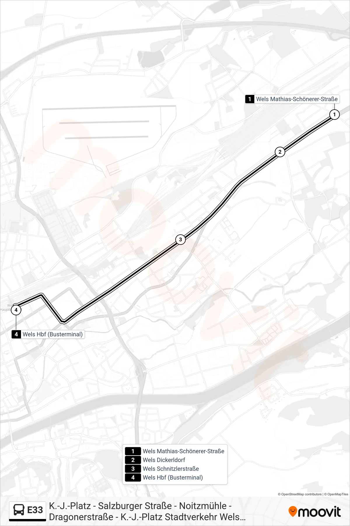 Linie E33 (Bus) Richtung Wels Hbf (Busterminal): Route und Haltestellen auf der Karte