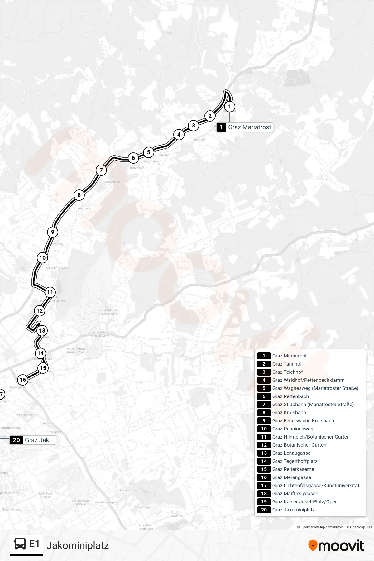 Linie E1 (Bus) Richtung Jakominiplatz: Route und Haltestellen auf der Karte