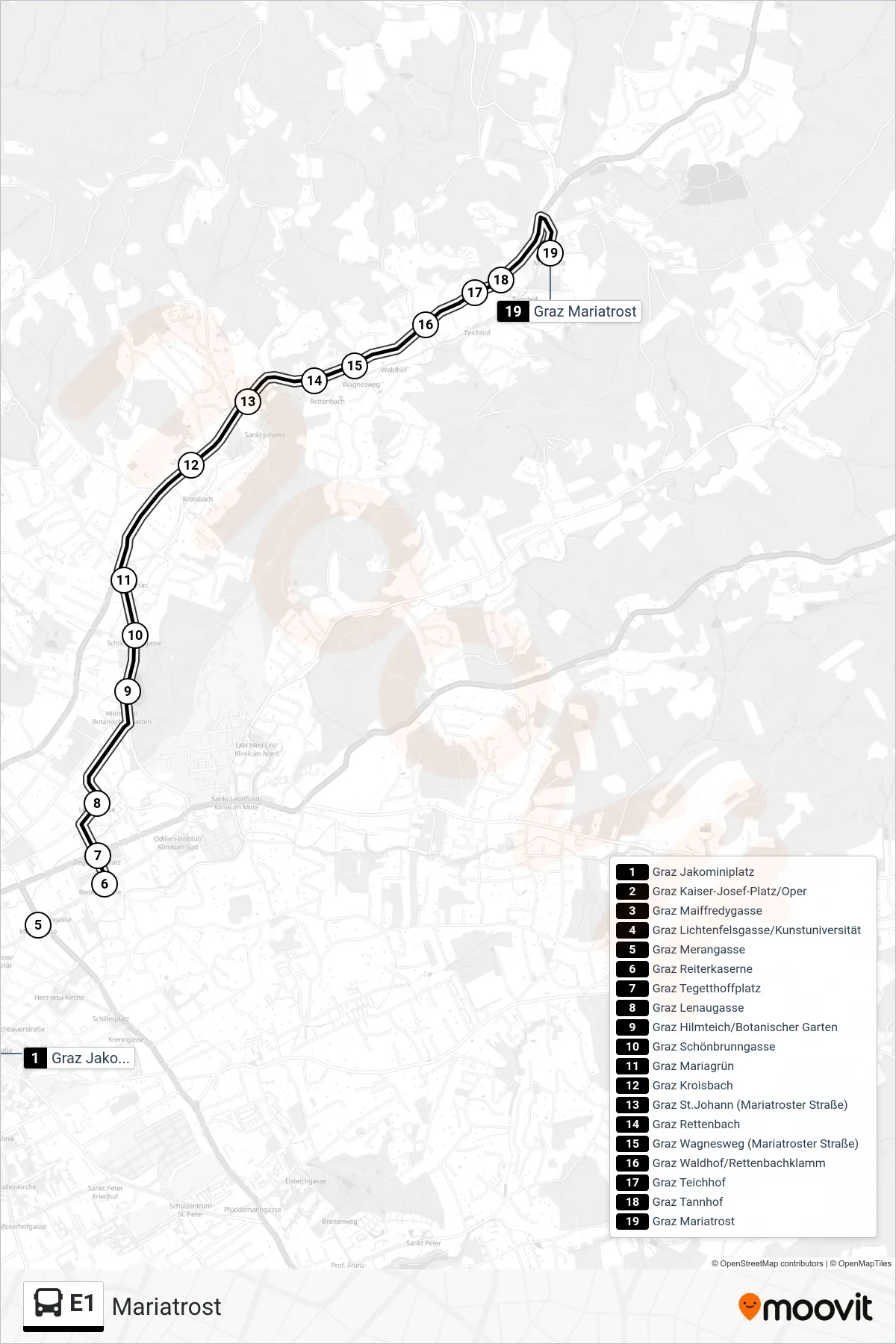 Linie E1 (Bus) Richtung Mariatrost: Route und Haltestellen auf der Karte