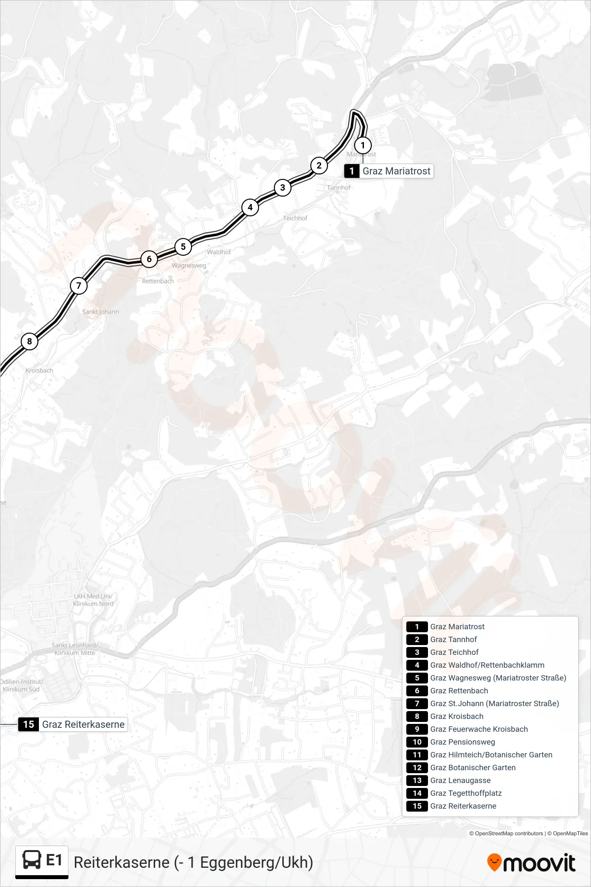 E1 bus Line (Reiterkaserne (- 1 Eggenberg/Ukh)) route and stops on a map