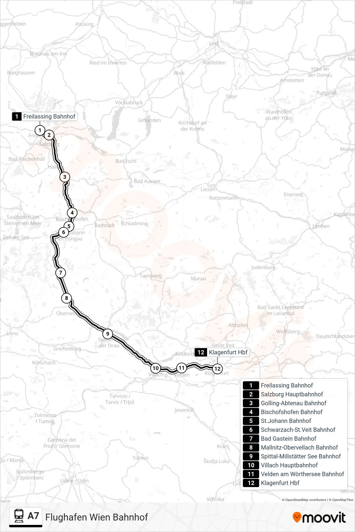 A7 tram Line (Flughafen Wien Bahnhof) route and stops on a map