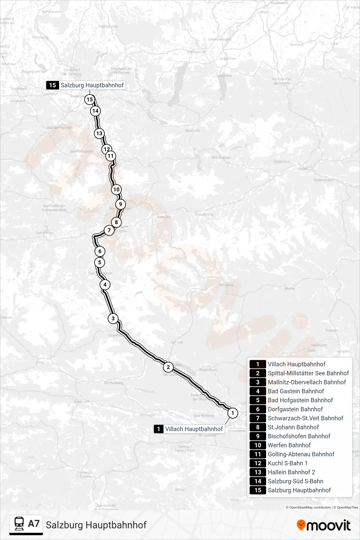 A7 tram Line (Salzburg Hauptbahnhof) route and stops on a map
