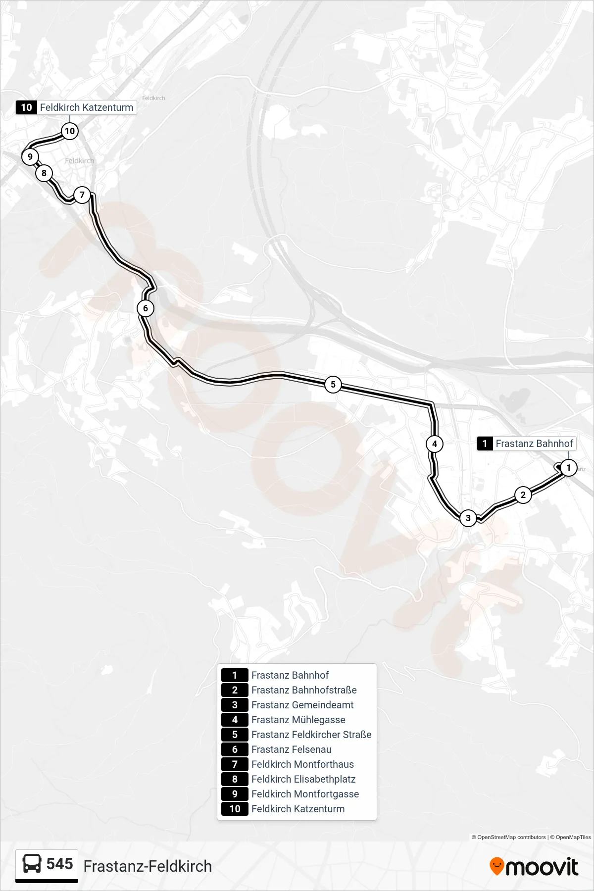 545 bus Line (Feldkirch Katzenturm) route and stops on a map