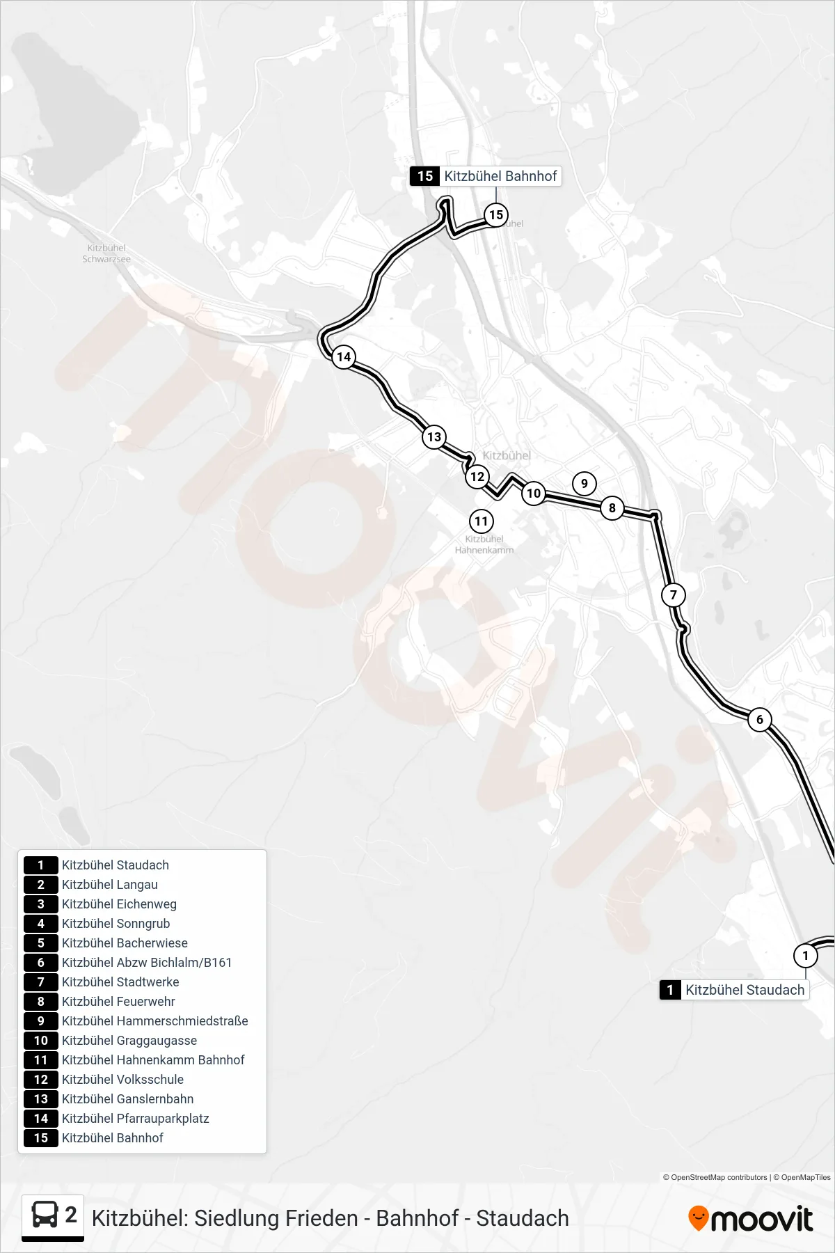 2 tram Line (Kitzbühel Bahnhof) route and stops on a map