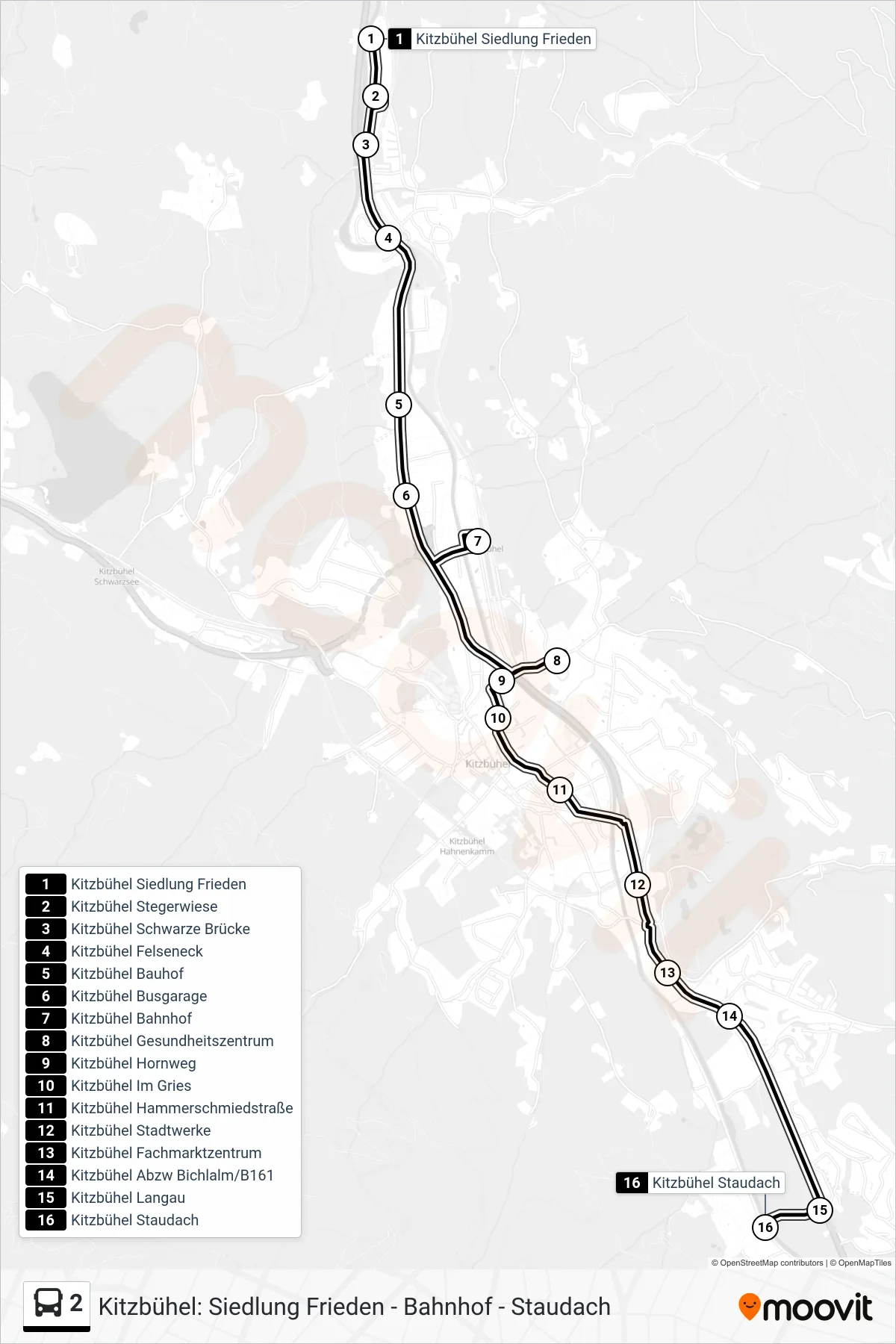 2 tram Line (Kitzbühel Staudach) route and stops on a map